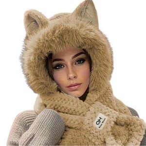Cozy Tan Faux Fur Hooded Scarf with Ears